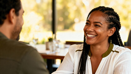 Happy black woman with braids smiling on a date in a restaurant. A young couple having a pleasant conversation during lunch. Positive social interaction and connection