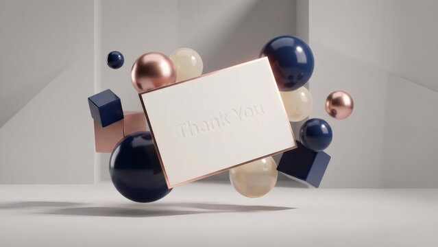 Thank You card with floating 3D geometric shapes. Abstract background with spheres and cubes in rose gold and blue colors. Modern gratitude concept illustration - Powered by Adobe