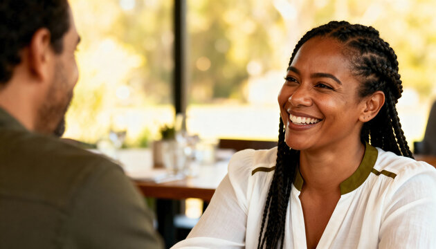 Happy black woman with braids smiling on a date in a restaurant. A young couple having a pleasant conversation during lunch. Positive social interaction and connection