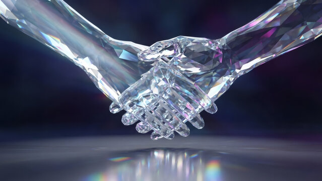 Crystal hands in a firm handshake. A futuristic concept of a business partnership and agreement. Abstract 3D render of a valuable diamond connection