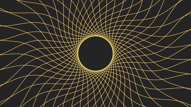 A vibrant black and yellow pattern with wavy lines creating a sense of movement and flow. This circular design captures attention with its dynamic and intricate composition