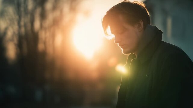 A young man stands in profile, deeply contemplative as the sun sets, casting a warm glow around him. The fading light highlights his thoughtful expression, creating a moment of sti