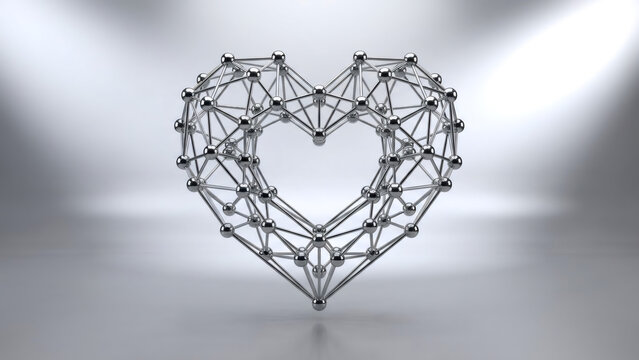 A heart-shaped molecular structure on a gray background. Abstract 3d illustration of a metallic network representing love, technology, and connection