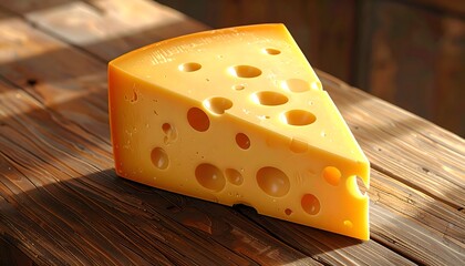 Isolated closeup of a fresh yellow dairy Emmental cheese piece on a wooden board