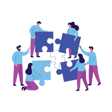 Teamwork concept with diverse people assembling large puzzle piece