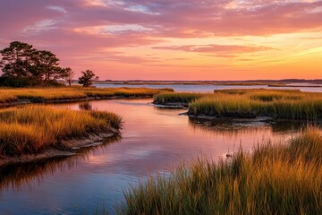Obraz premium Tranquil salt marsh landscape during golden hour by the shoreline