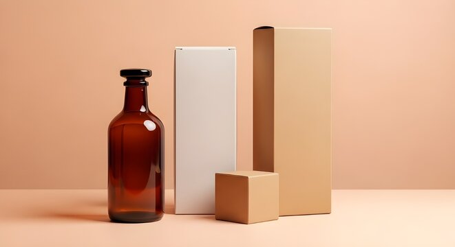 Elegant brown glass bottle with black cap and packaging boxes on a peach colored background for mockups - Powered by Adobe