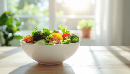 white bowl holds a garden salad on a sunny wooden table. Perfect for food blogs, healthy eating articles, and social media posts.