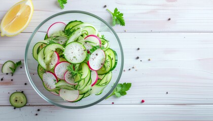 cucumber radish salad in a bowl with lemon. ideal for food blogs, recipes, healthy eating concepts, summer menu designs suggested.