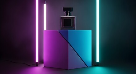 Elegant perfume bottle on geometric podium with neon lights creating a modern and luxurious presentation for advertising