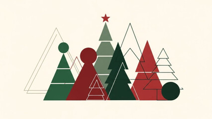 Geometric christmas trees in red and green hues create a modern holiday forest against a cream background for festive seasonal designs