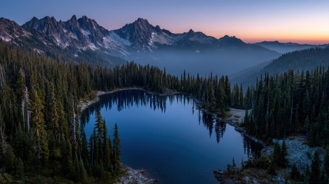 Twilight over rugged Cascade peaks: quiet forest, glassy lake, and pink horizon