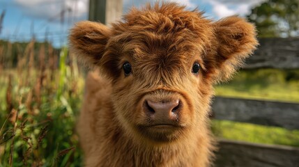 Fototapeta premium Warm-toned close-up of a young Highland cattle calf among green grass