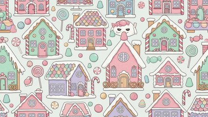Naklejka premium Pastel gingerbread houses and candies create a whimsical and sweet pattern perfect for holiday backgrounds and festive designs for children