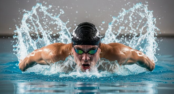 Dynamic male swimmer in butterfly stroke with explosive water splash