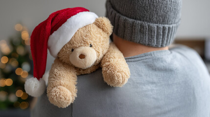 Faceless father and baby son with teddy bear wearing Santa hat, winter home candid moment, Christmas together concept, holiday parent-child bonding, seasonal cozy scene , with copy