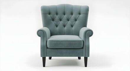 Elegant teal armchair with tufted back and dark wood legs isolated on a clean white background for interior design