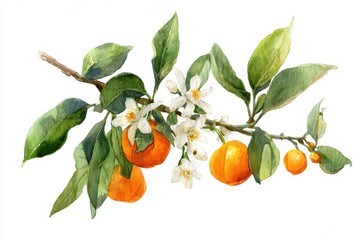 Watercolor botanical painting of mandarin branches with green leaves and delicate blossoms on white background