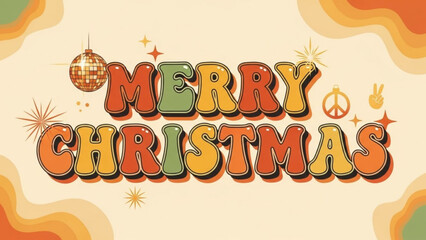 Groovy merry christmas design with retro fonts disco ball peace sign and starbursts for holiday greetings and seasonal celebrations