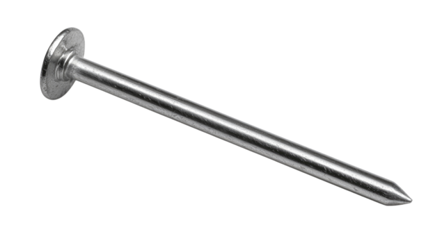 Close up of metal nail on white or transparent background for use in construction