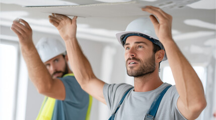 Installing drywall ceiling panels. Two construction workers use a lift to position a ceiling drywall sheet. The image captures effort and balance with daylight filtering through un