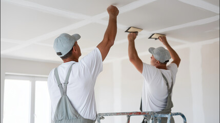 Installing drywall ceiling panels. Two construction workers use a lift to position a ceiling drywall sheet. The image captures effort and balance with daylight filtering through un