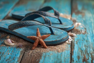 Weathered bright blue beach wood backdrop with flip flops and a starfish resting on sunlit planks