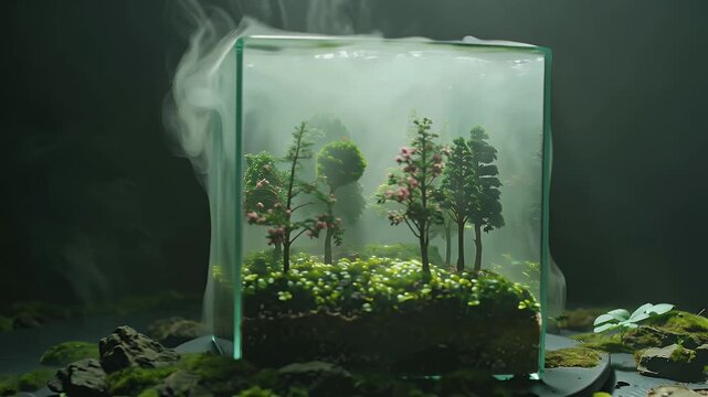 An Enclosed Glass Terrarium Showcasing Lush Green Plants Under a Misty Glow