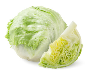 Fresh iceberg lettuce and a piece close-up on a white. Isolated