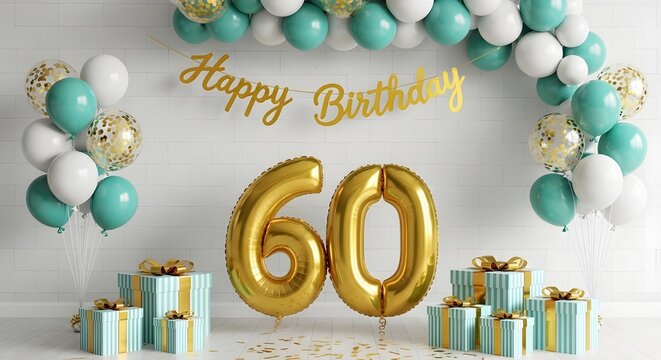 Festive sixtieth birthday celebration with gold number balloons teal and white balloons and wrapped gifts for a special milestone