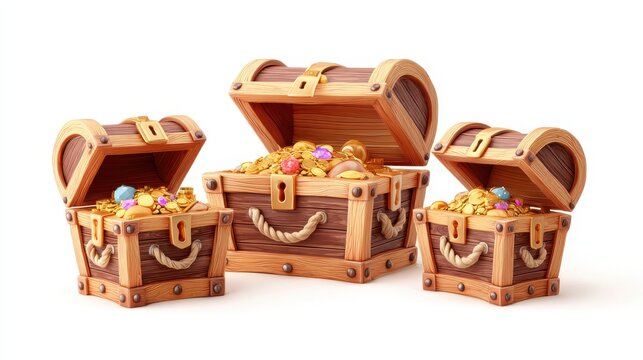 Whimsical wooden treasure chests filled with gold coins and gems on a white background