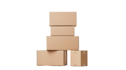 Stack of cardboard boxes on white or transparent background for packaging concept