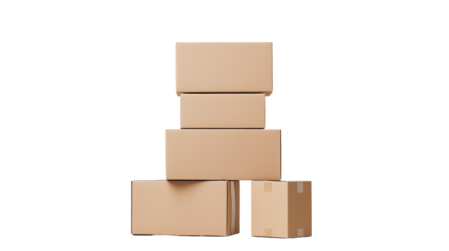 Stack of cardboard boxes on white or transparent background for packaging concept