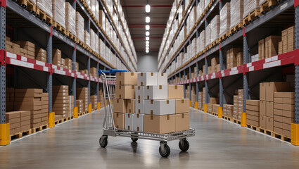 Modern warehouse with tall metal racks filled with neatly stacked boxes, a central aisle and a loaded cart highlighting logistics workflows, storage efficiency and inventory management