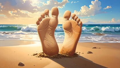 Two cartoon feet stand in wet sand on a beach under a bright sky with water and horizon line