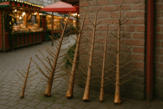 Bare christmas trees in market alley depicting eco-friendly seasonal choices
