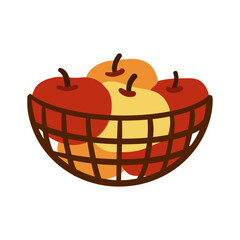 Bowl of red and yellow apples. Wire basket filled with fresh fruits. Healthy food