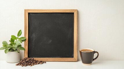 Blank Chalkboard with Coffee Cup and Plant on White Surface perfect for leisure or creative purposes.