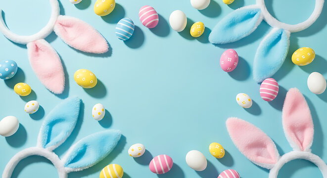 Easter party concept Top view photo of easter bunny ears white pink blue and yellow eggs on isolated 23733392 1