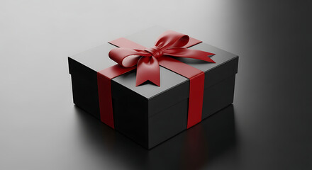 Obraz premium Elegant black gift box with red satin ribbon tied in a bow for a premium present presentation 36435871 1