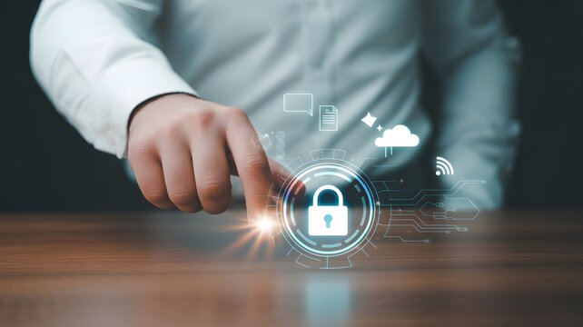 Businessman touching digital lock icon, data protection, cybersecurity access control and internet network privacy technology concept background - Powered by Adobe