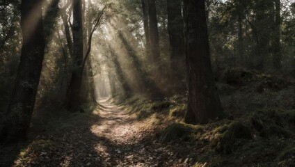 Fototapeta premium Sunbeams pierce through a dense forest canopy illuminating the forest floor.