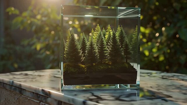 Miniature pine forest encased in a glass cube resting on a marble table outdoors