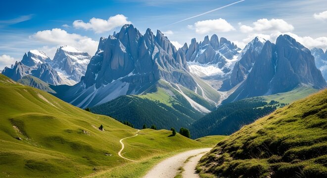 Majestic dolomite peaks and green valleys a scenic road trip through the italian alps under a blue sky