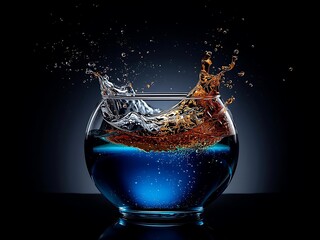 Dynamic splash of water and liquid in a glass