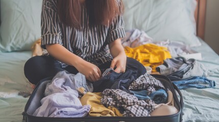 Young Asian woman packing suitcase on bed at night, organizing clothes and personal items for relaxing summer vacation trip, preparing travel essentials in cozy bedroom with calm and focused mood