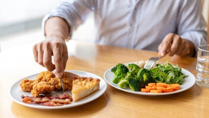 Man Eating Fried Chicken and Vegetables for a Balanced Meal