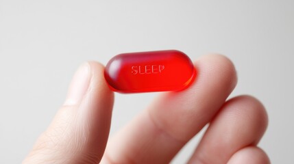 Hand holding red sleep capsule, concept of insomnia relief and healthy sleep support