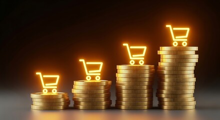 Glowing shopping cart icons atop increasing stacks of gold coins