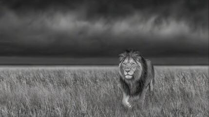 A male African lion walking through tall grass in black and white